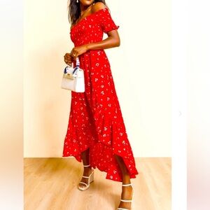 Smocked Off the Shoulder Maxi Dress Red Floral